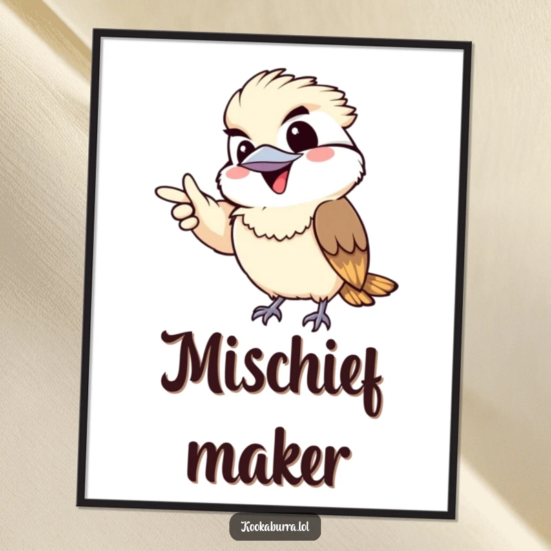 Funny digital art print of a kawaii kookaburra gleefully pointing with a mischievous grin, for instant playful charm.