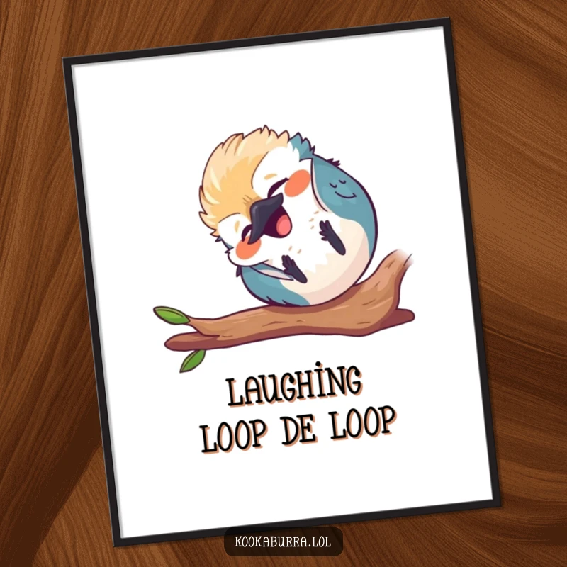 Funny round kawaii kookaburra tumbling end over end, laughing, cute bird digital art, humorous and joyful decor.
