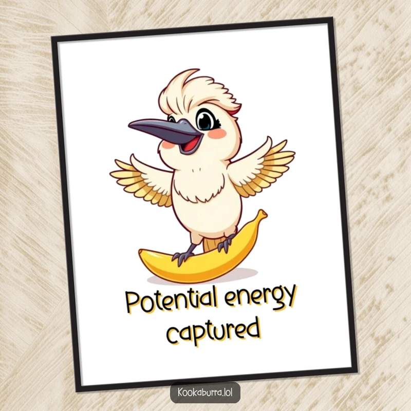 Funny Kookaburra Digital Art: Surprised kookaburra with arms out, catching a falling banana peel, capturing a funny moment.