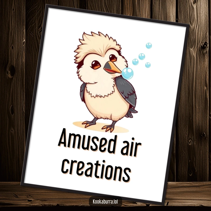 Funny kawaii kookaburra digital art print of an amused bird blowing a stream of bubbles, perfect for instant whimsical and humorous decoration.
