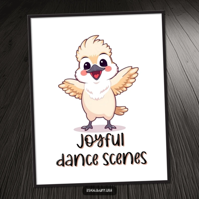 Funny kawaii kookaburra digital art print of a happy bird doing a lively dance with spread wings, perfect for instant whimsical and humorous decoration.