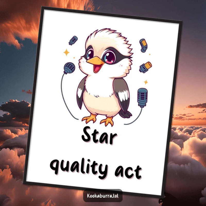 Funny Kookaburra Digital Art Print of a kawaii kookaburra with sparkling eyes, juggling three tiny microphones, ready for instant display.