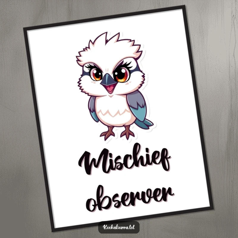 Funny kookaburra digital art print, a bird with one large eye sparkling with mischief, radiating playful and humorous energy.