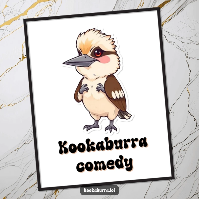 Funny kookaburra character striking a silly human pose, rendered as digital art, perfect for instant, humorous home decor.