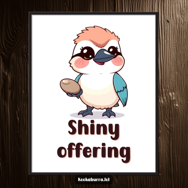 Funny Digital Art: A hopeful kookaburra bird presents a shiny pebble, radiating warmth and humor.