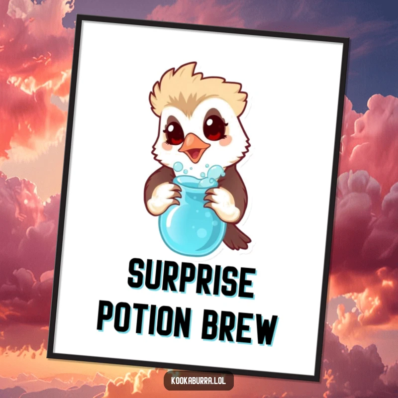Funny digital art print of a kookaburra with a surprised expression holding a bubbling potion, perfect for instant decor.