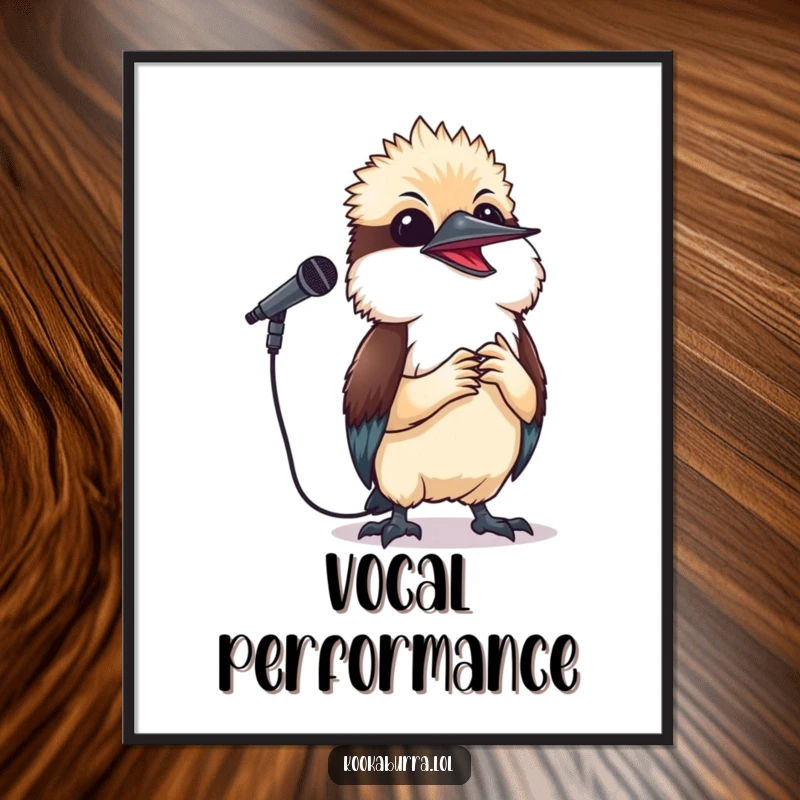 Funny kookaburra digital art print of a small bird holding a microphone and singing happily, perfect for music-themed wall decor.