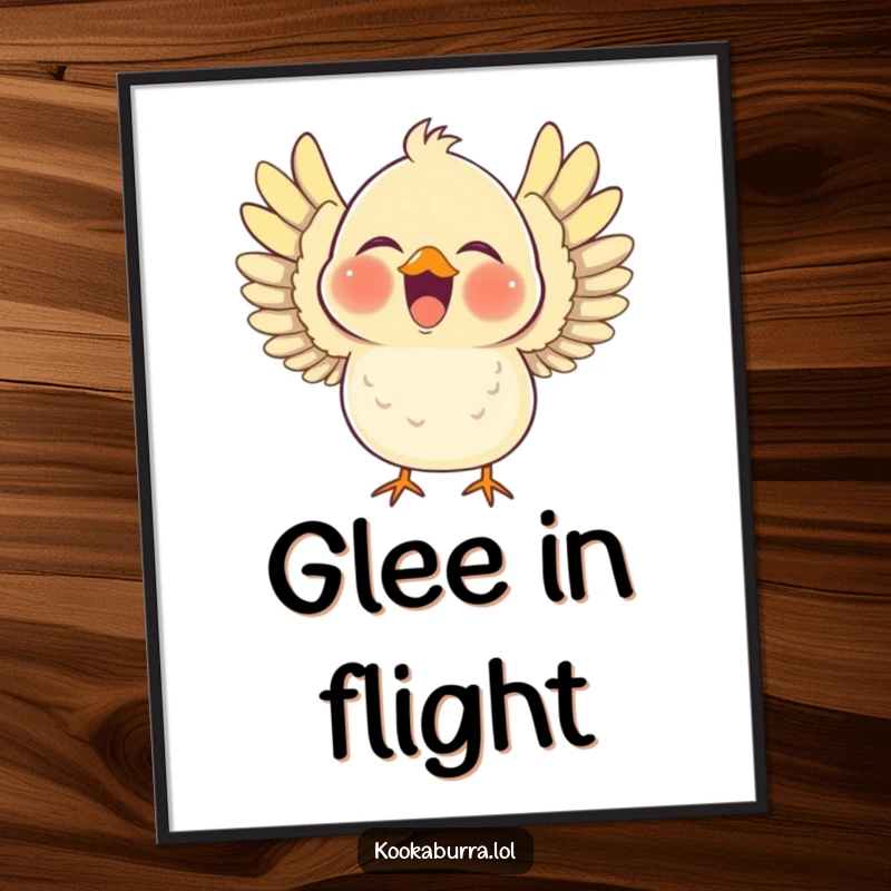 Funny digital art print of a chubby bird laughing heartily with its wings outstretched, creating a vibrant and amusing piece of wall decor.