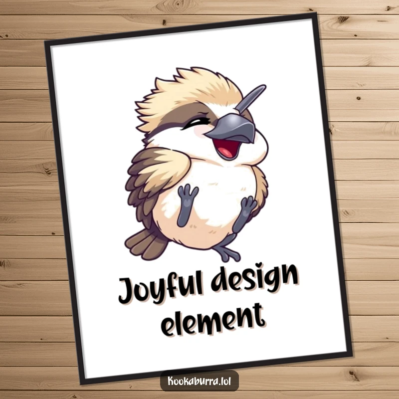 Funny digital art print of a kawaii kookaburra tumbling playfully with eyes shut in hilarious mirth, for instant visual delight.