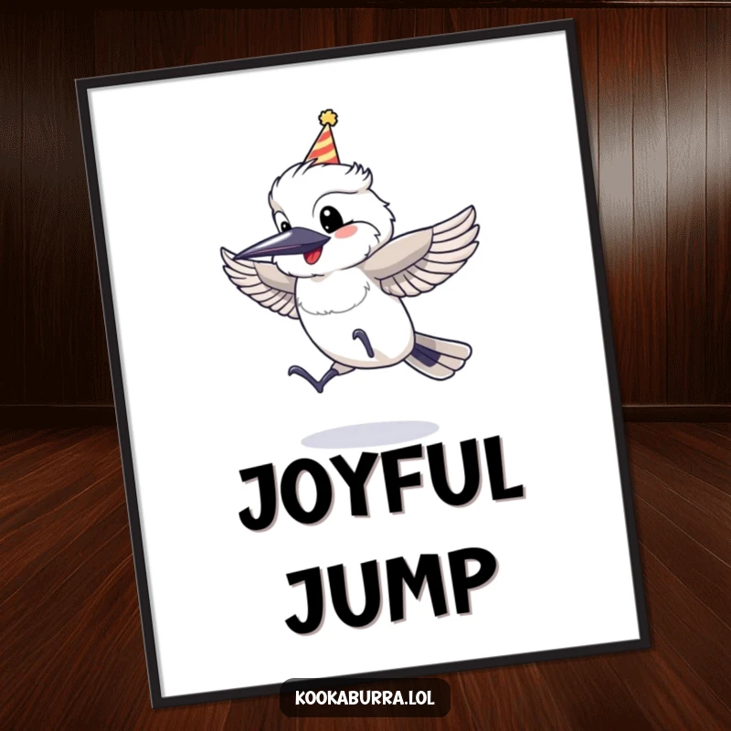 Funny Digital Art Print of a kookaburra wearing a party hat, leaping with glee, embodying infectious celebration.