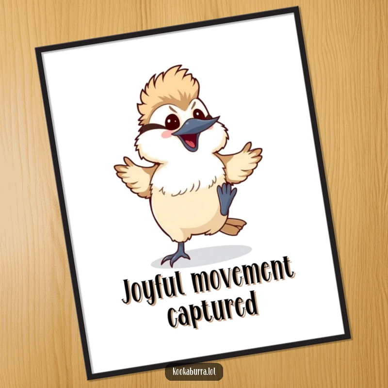 Funny kawaii kookaburra digital art print of a bird doing a silly dance with its feet kicking up, great for instant, humorous display.
