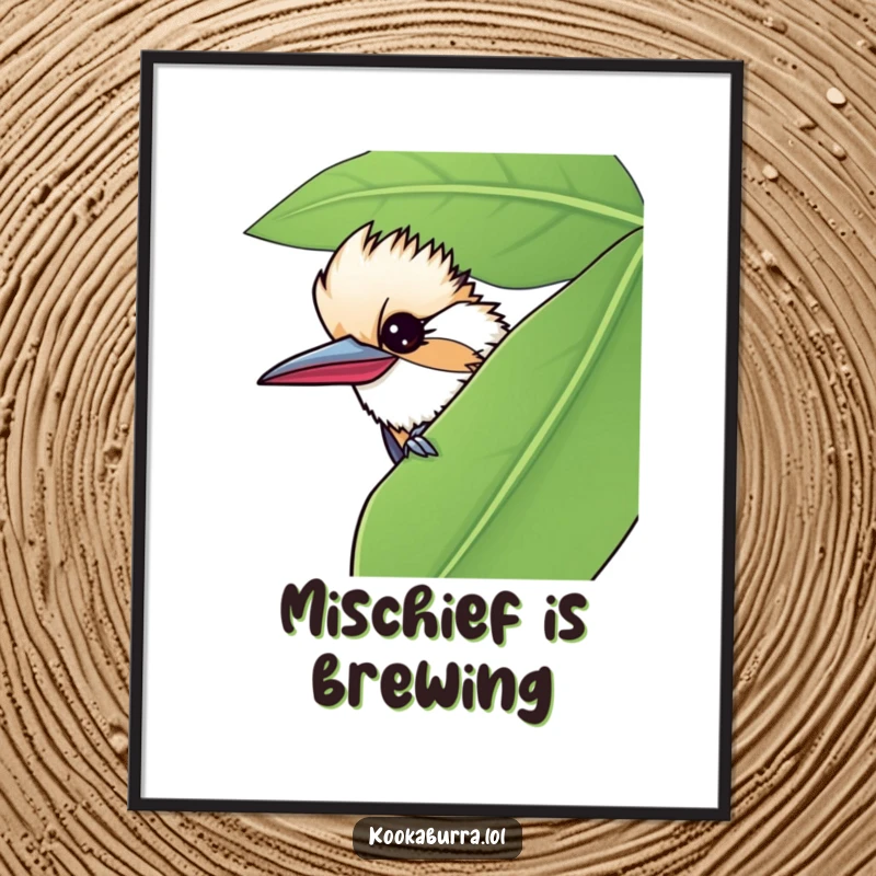 Funny digital art print of a kookaburra peeking from a leaf, giving a mischievous wink for playful decor.