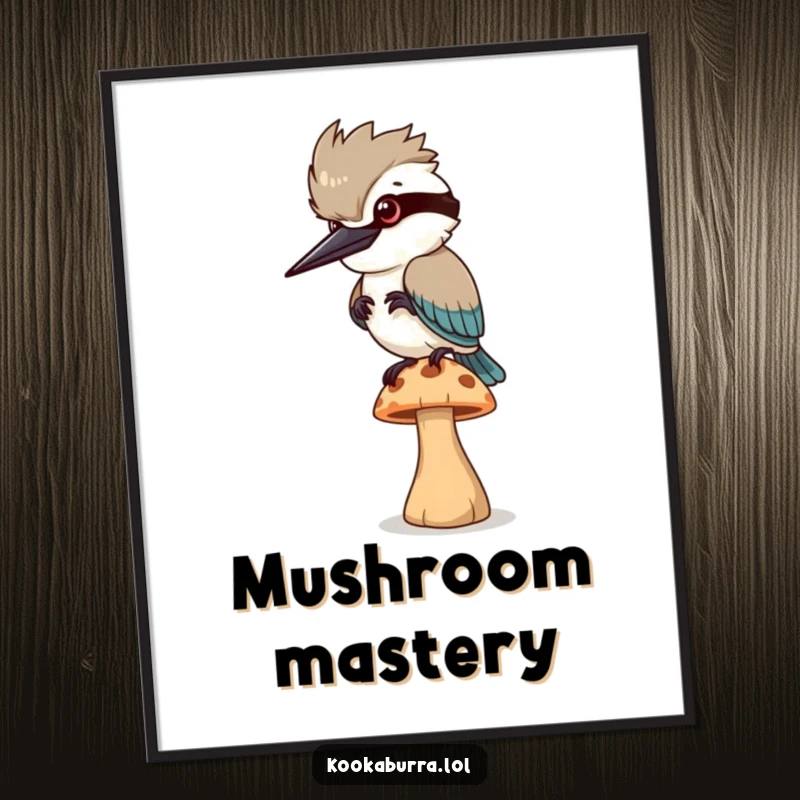 Funny Digital Art: A kookaburra bird wobbles precariously on a mushroom, capturing a moment of delightful humor.