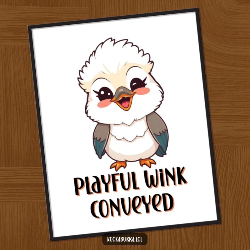 Funny Kawaii Kookaburra digital art print, a cute bird with a playful wink and beaming smile, radiating happiness. Perfect for funny gifts.