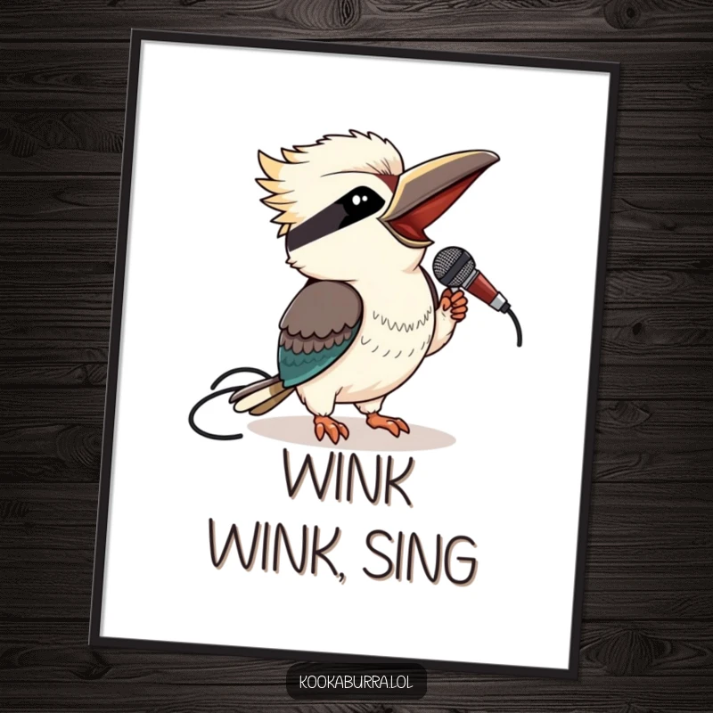 Funny kookaburra digital art print of a winking bird holding a microphone, ready to bring the house down.