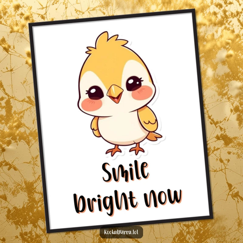 Funny digital art print of a cute bird tipping its head with a wide, silly grin, perfect for adding humorous wall decor.