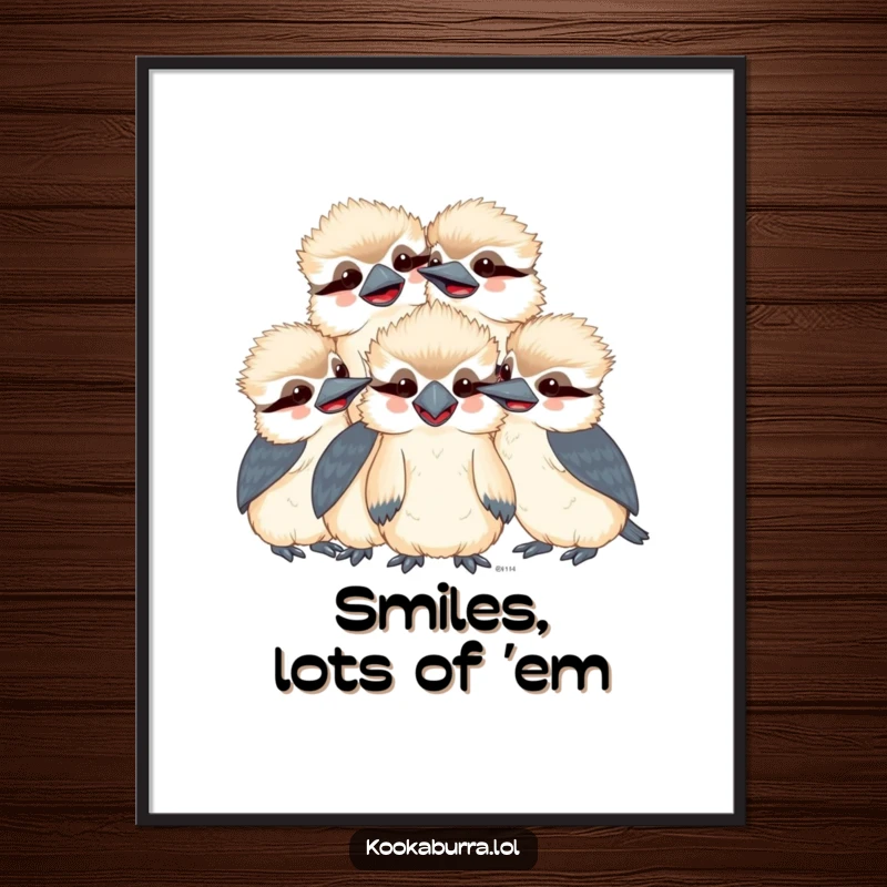 Funny kawaii kookaburra digital art print of smiling, giggling birds huddled together, perfect for instant whimsical and humorous decoration.