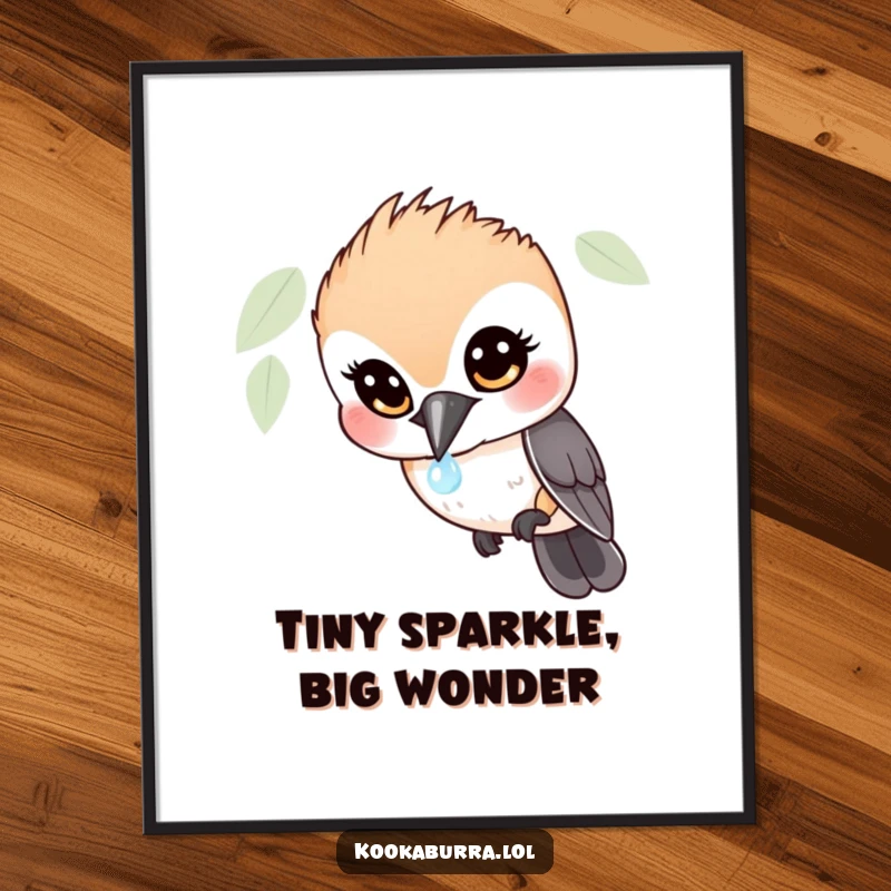 Funny Kookaburra Digital Art Print: High-resolution download of a wide-eyed bird in hilarious fascination with a sparkling dewdrop, instant decor.