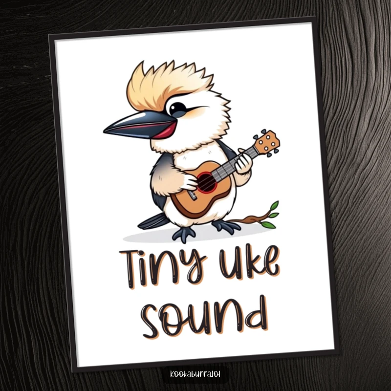 Funny digital art print of a kookaburra happily playing a tiny ukulele, perfect for instant musical decor.