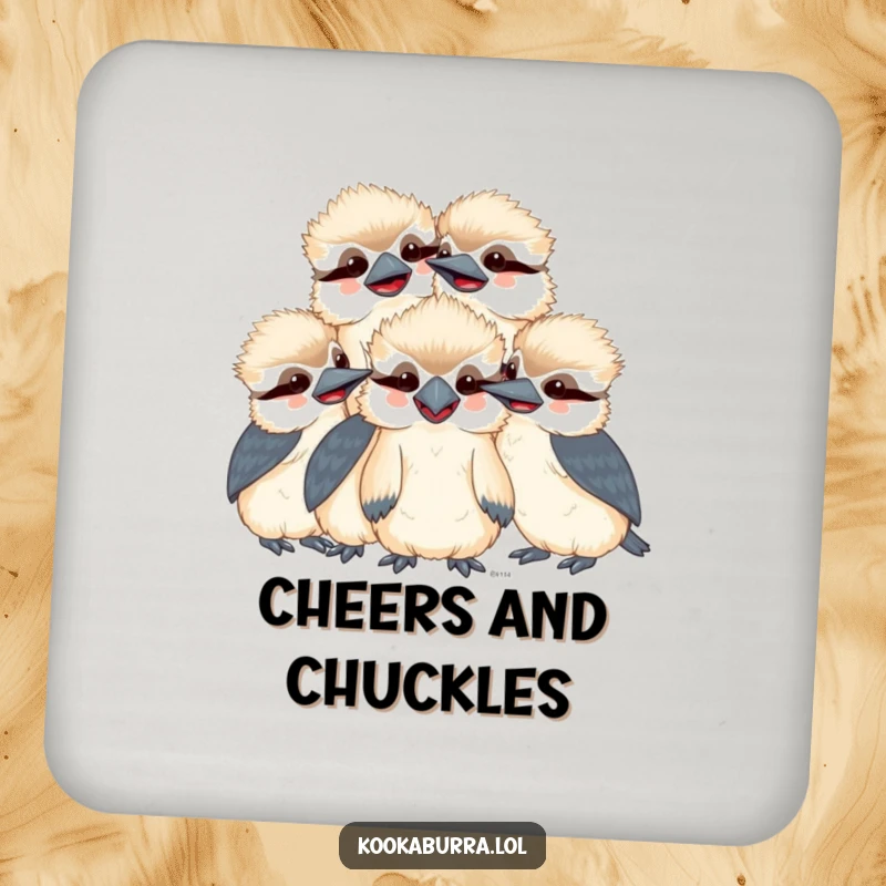 Funny kawaii kookaburra drink coaster featuring a group of smiling, giggling birds huddled together, protecting tables with humorous flair.