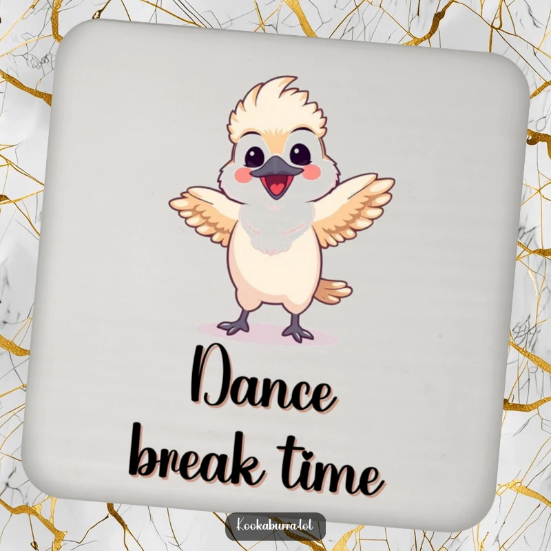 Funny kawaii kookaburra drink coaster featuring a happy bird doing a lively dance with spread wings, protecting tables with humorous flair.