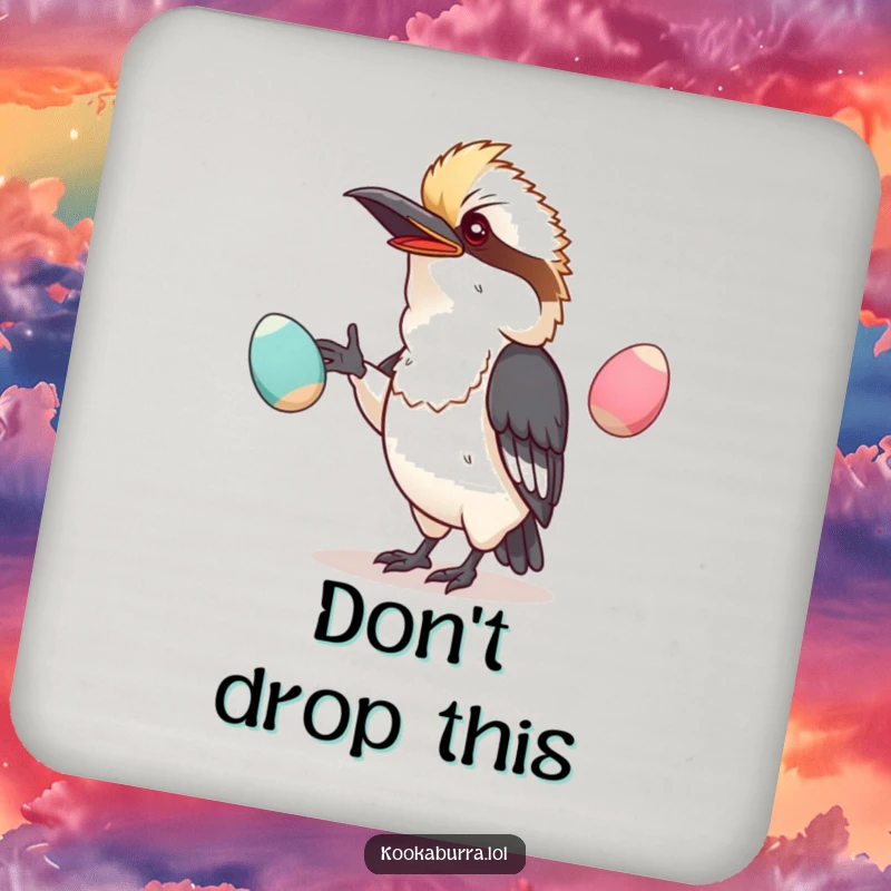 Funny drink coaster featuring a kawaii kookaburra comically juggling oversized, wobbly eggs, protecting your surfaces.