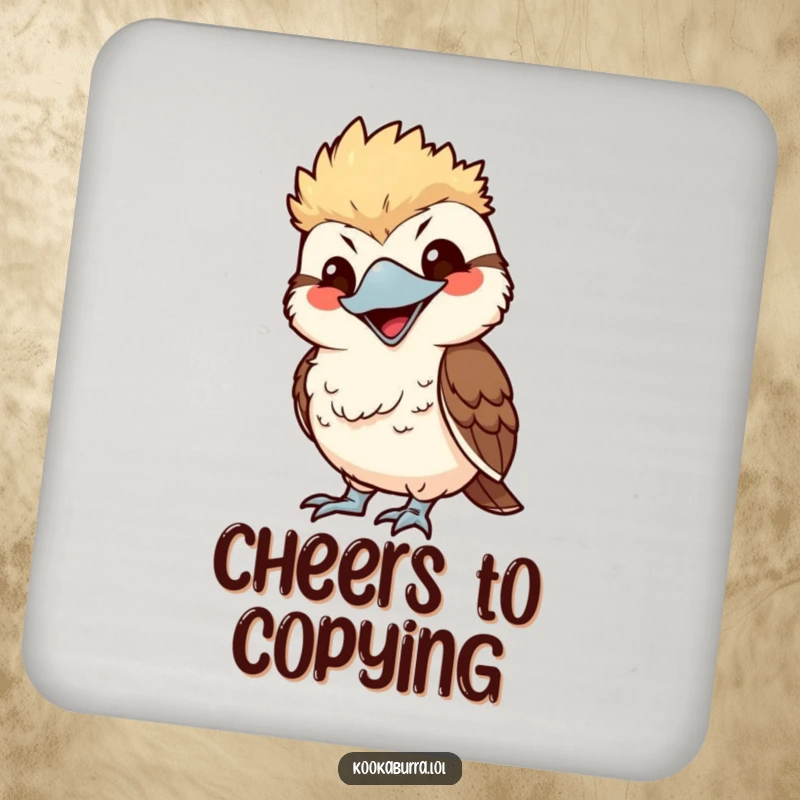 Funny kawaii kookaburra coaster, mimicking with exaggerated smile, cute bird graphic, humorous table protection.