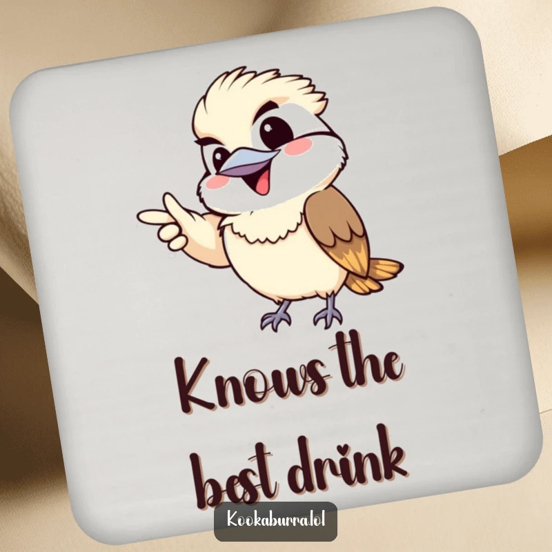 Funny drink coaster featuring a kawaii kookaburra gleefully pointing with a mischievous grin, protecting your surfaces.