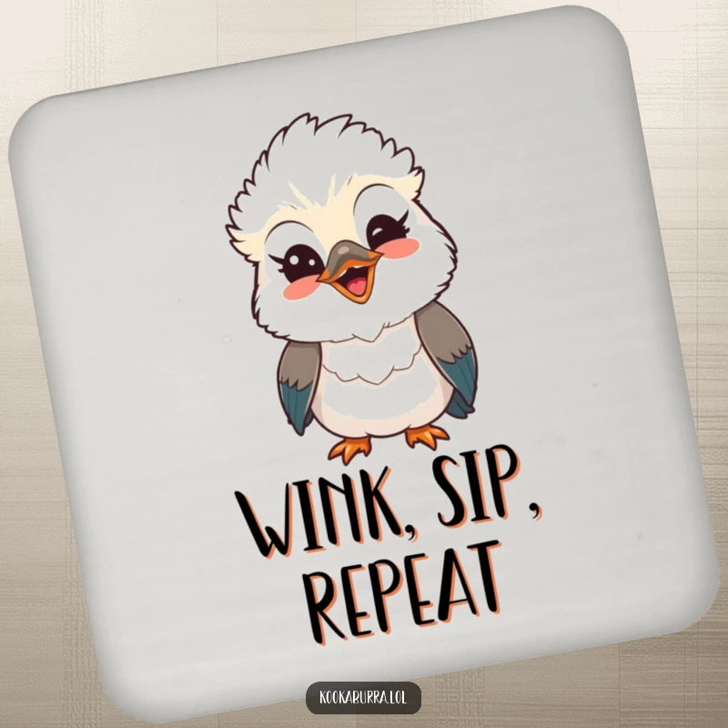 Funny Kawaii Kookaburra drink coaster, a cute bird with a playful wink and beaming smile, radiating happiness. A delightful funny gift.
