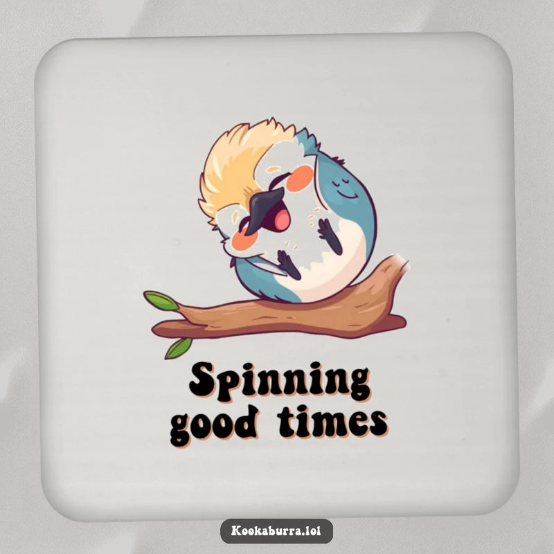Funny round kawaii kookaburra coaster, tumbling end over end, laughing, cute bird graphic, humorous table protection.