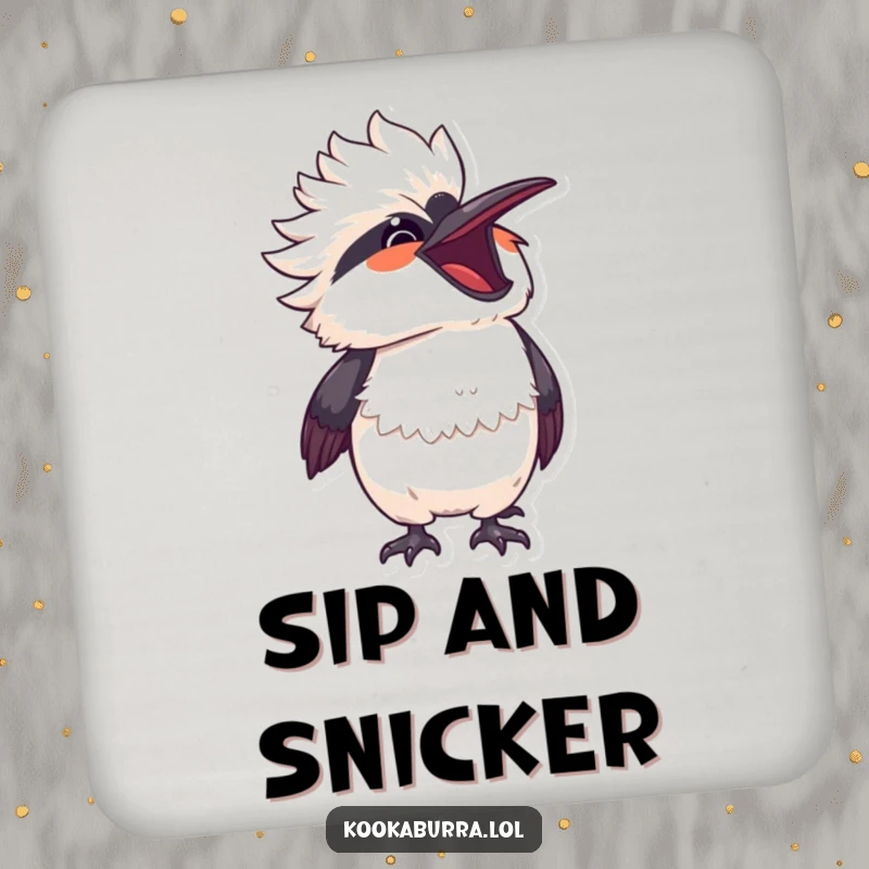 Funny kawaii kookaburra captured mid-laugh, head thrown back, on protective drink coasters.