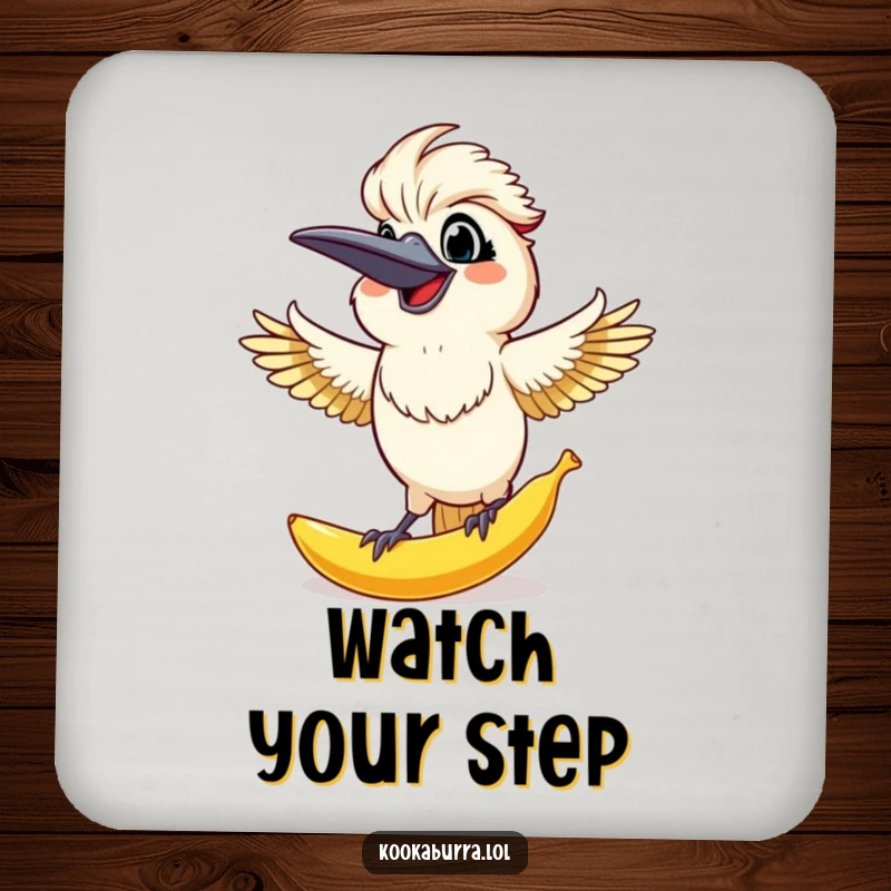 Funny Kookaburra Coaster: Kookaburra catches a giant banana peel, offering protection and humor for your drinks.
