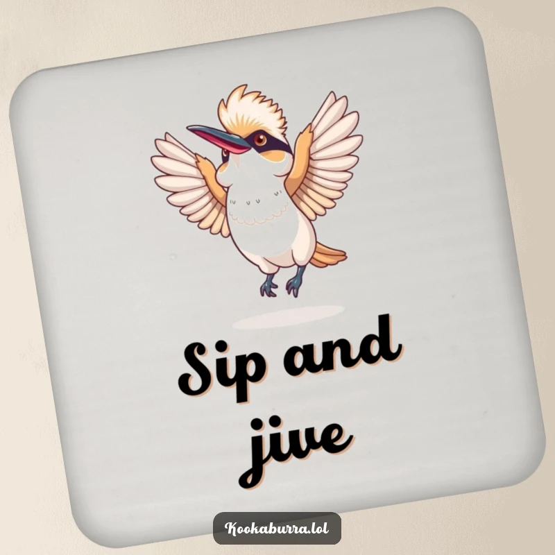 Funny drink coaster with a kookaburra energetically dancing with its wings spread wide, designed for stylish protection.