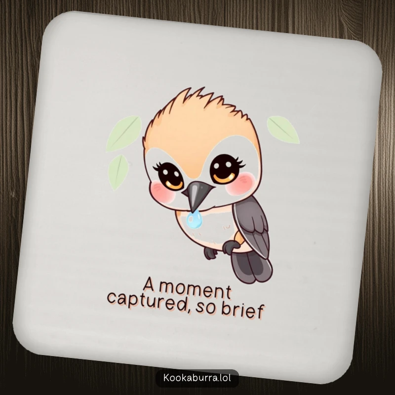 Funny Kookaburra Coaster: A protective coaster featuring a wide-eyed bird in hilarious, astonished focus on a tiny, sparkling dewdrop.