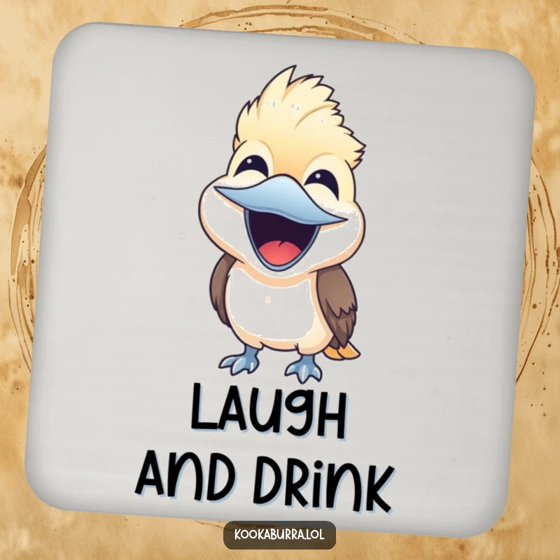 Cute kookaburra bird laughing joyfully with beak wide open on a drink coaster, cute and functional gift.