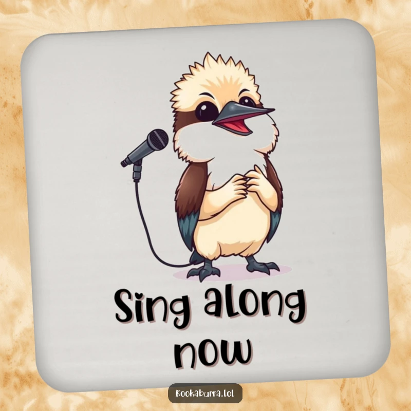 Funny kookaburra coasters depicting a small bird holding a microphone and singing a happy tune, perfect for music-themed decor.