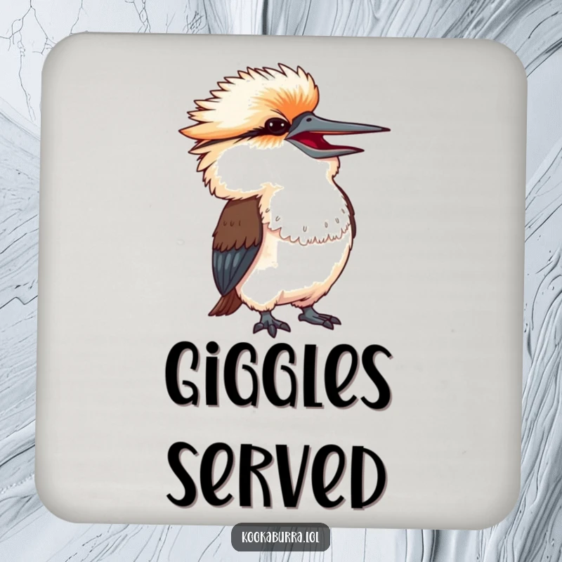 Funny kookaburra with head thrown back in exaggerated amusement, a humorous and protective drink coaster.