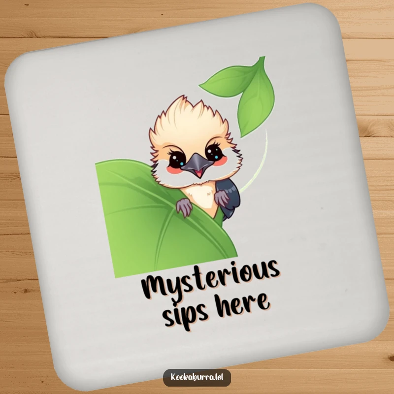 Funny Kawaii Kookaburra drink coaster, a cute bird peeking from behind a leaf, offering playful charm. A delightful funny gift.