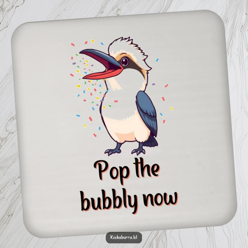 Funny Kookaburra Drink Coaster showing a kookaburra with beak wide open, releasing colorful confetti, protecting surfaces with humor.