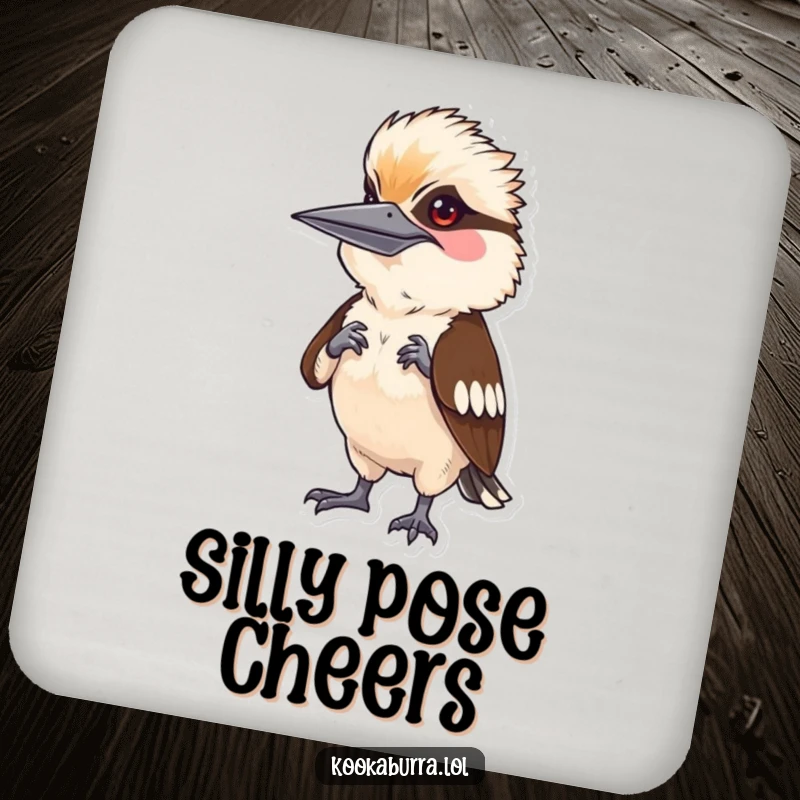Funny kookaburra character doing a silly human pose, depicted on a drink coaster, adding humor to beverage service.