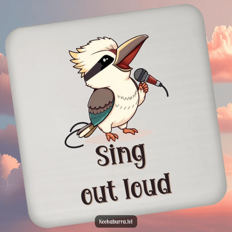 Funny kookaburra coaster featuring a winking bird holding a microphone, adding musical flair.