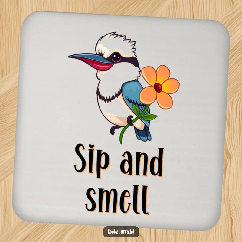 Funny Coaster showing a smiling kookaburra offering a colorful flower, perfect for adding a thoughtful touch to drinks.