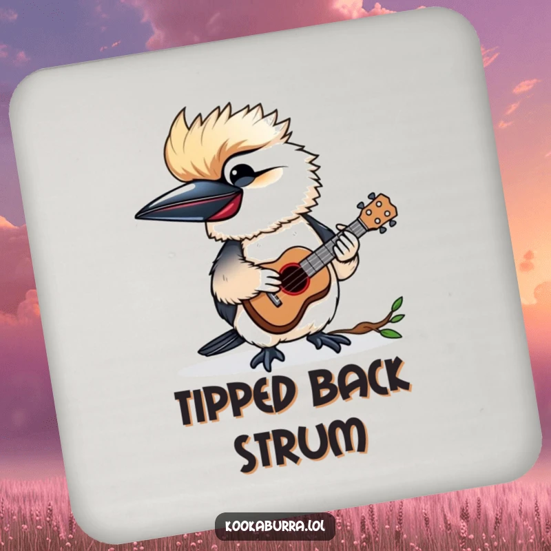 Funny coaster set with a kookaburra happily playing a tiny ukulele, adding musical flair and surface protection.