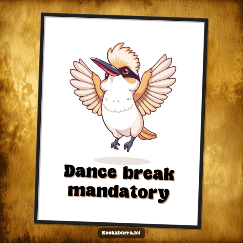 Funny poster featuring a kookaburra in a comical dance pose, wings spread wide, radiating pure laughter and playful exuberance.