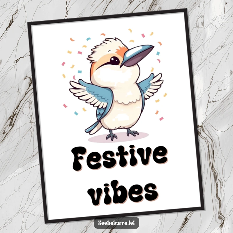 Funny kookaburra character throwing a shower of confetti with both wings, presented as vibrant wall art for a festive mood.