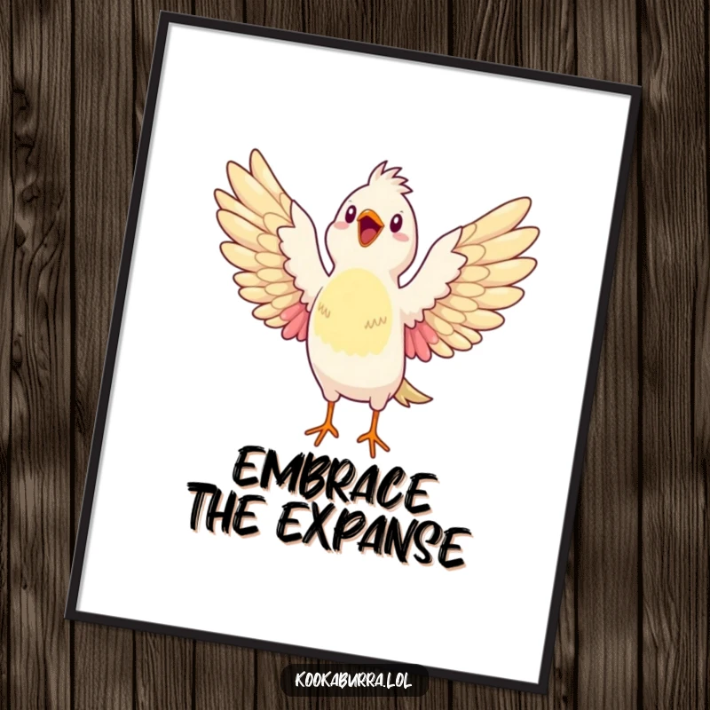 Funny poster of a bird stretching its wings wide open, bursting with glee, creating a visually uplifting and joyful piece of art.