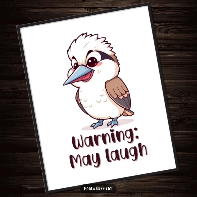 Funny Kawaii Kookaburra poster showcasing a cute bird with a wide open beak and a silly, funny expression. Great wall art for funny gift seekers.