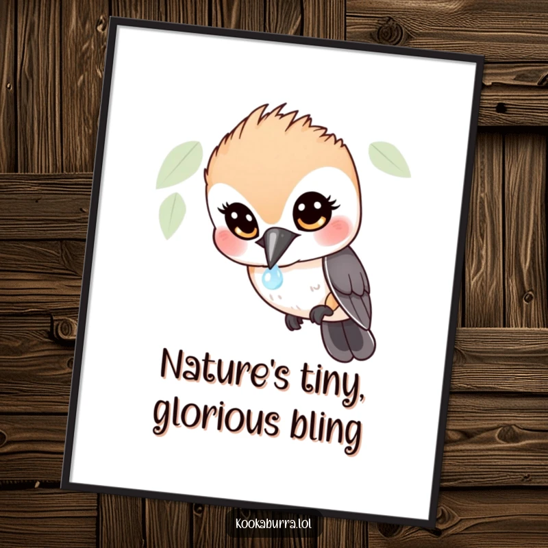 Funny Kookaburra Poster: Wall art depicting a wide-eyed bird in hilarious, captivated wonder at a single, sparkling dewdrop.