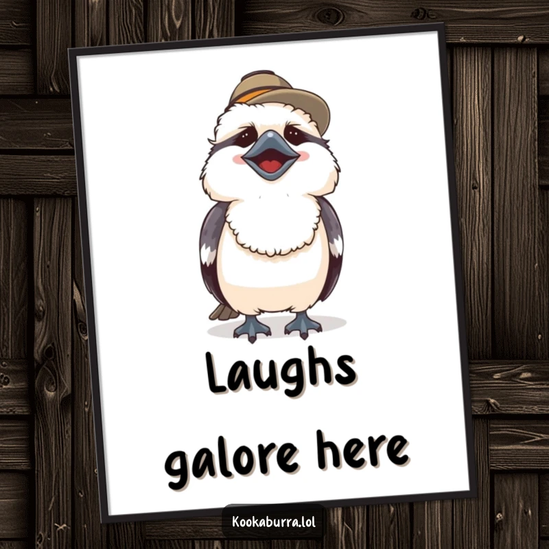Funny poster art of a cute kookaburra in a tiny hat, captured in a moment of hearty, joyful laughter.