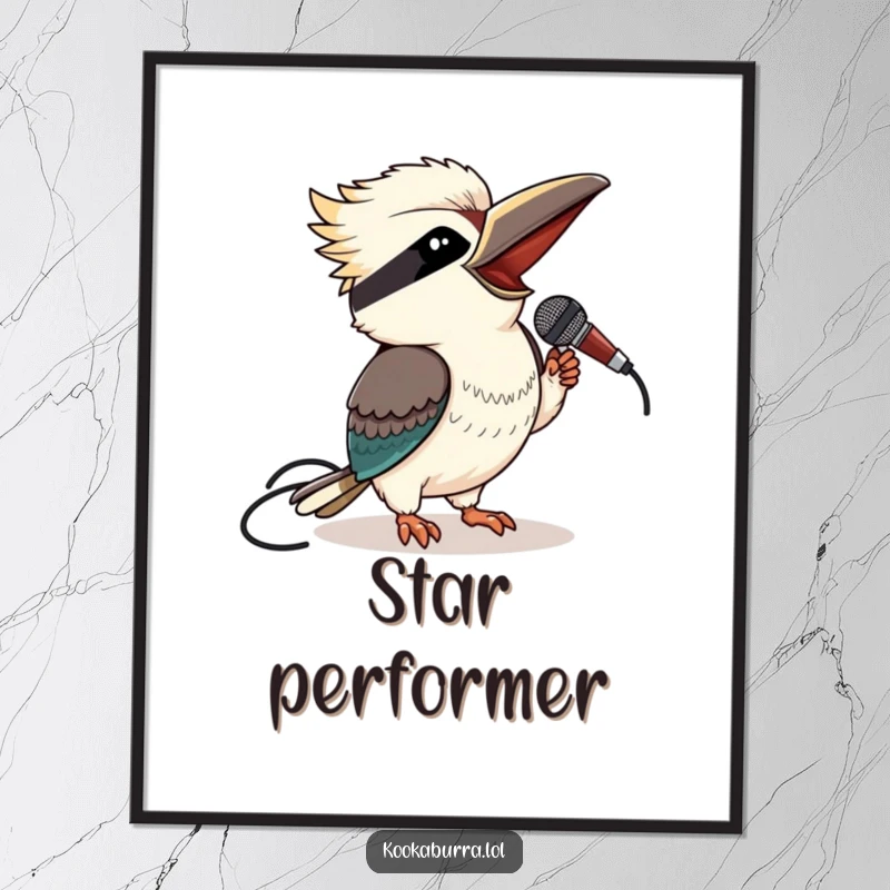Funny kookaburra poster of a winking bird holding a microphone, exuding confidence and musical talent.